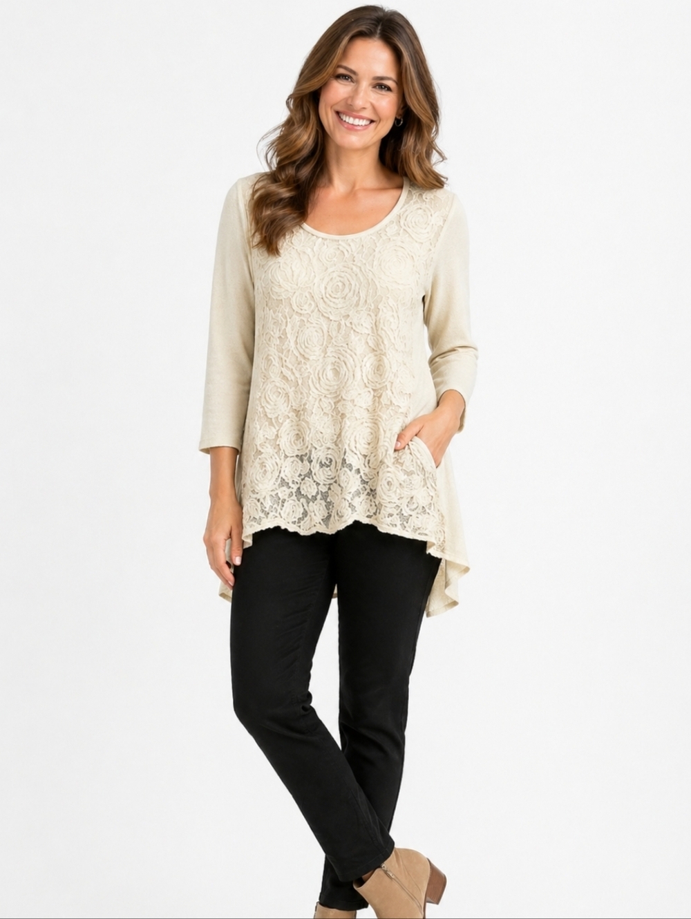 Feratelli Ivory Floral Lace Tunic Top Med Bohemian Hi Low Cottagecore